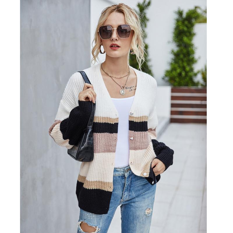 

Women Fashion Sweaters Stripe Loose Cardigans Knitted Coat Brand New Long Sleeve Single Row Buttons Sweaters Female Fall Outwear, Beige