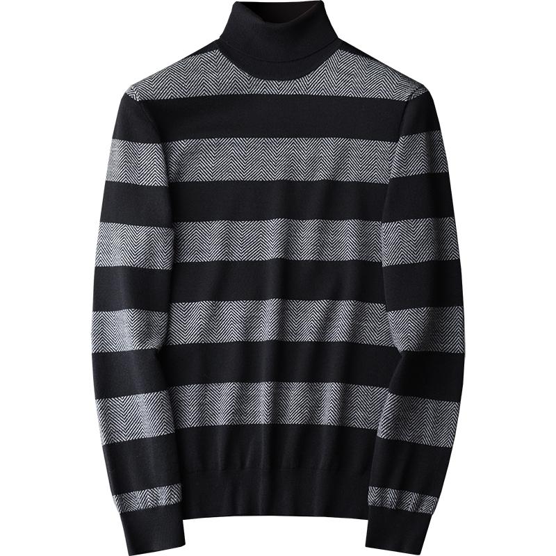 

Minglu 100% Wool Mens Sweaters High Quality Autumn Winter Turtleneck Stripe Sweater Male Fashion Slim Fit Man Sweaters 4XL, Black 8y018