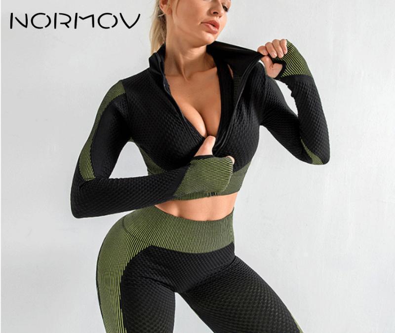 

NORMOV Seamless Yoga Set Women Gym Clothing Long Sleeve Gym Crop Top + High Waist Leggings Sport Fitness Sets1, Pink