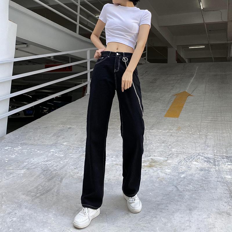 

2020 Autumn New High Waist Chain Jeans Fashion Joker Casual Pants Cotton Straight Pants Women Loose Jeans Women Clothes, Black