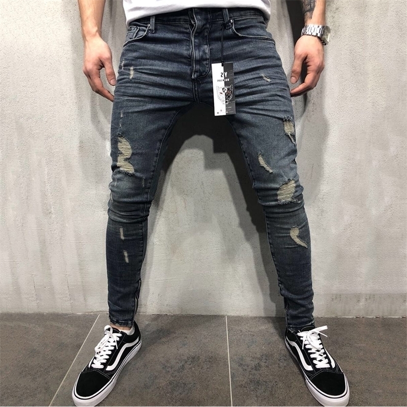 

Mens Jeans Fashion Ripped Skinny Jeans Men Hip Hop Jean Pants Brand Male Slim Denim Trousers Streetwear calça masculina D25 201111, Blue