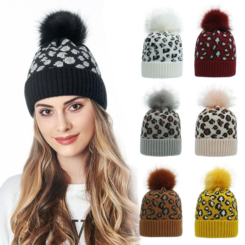 

Women Winter Warm Knitted Beanie Hat Vintage Leopard Animal Print Fuffy Pompom Cuffed Skull Cap Head Cover Ear Warmer, White