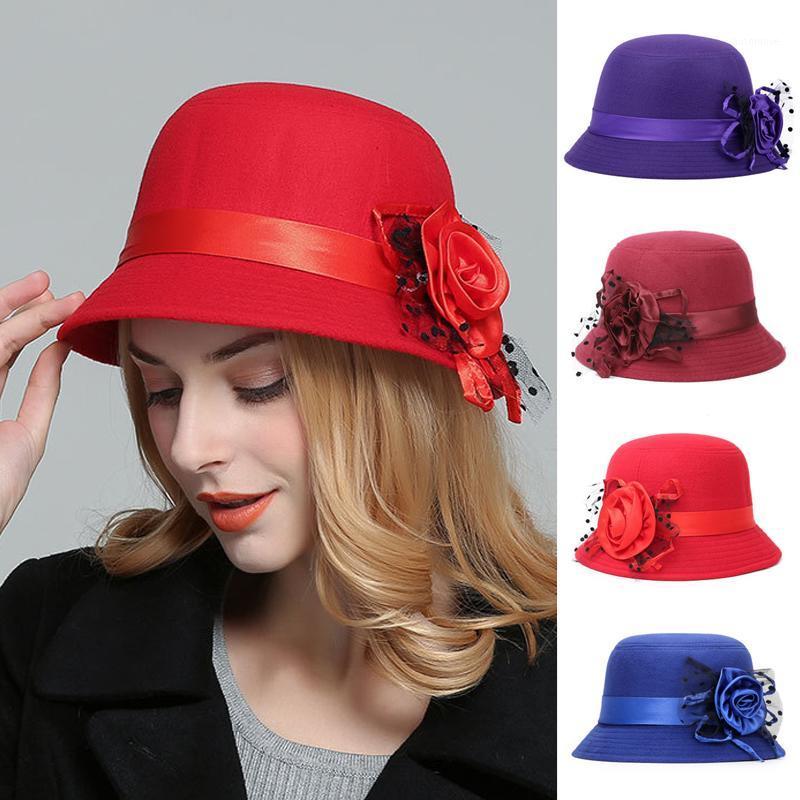 

Women Fashion Vintage Formal Fedora Bowler Hats Imitation Woolen Flower Warm Party Bucket Cap Elegant Sun Hat1