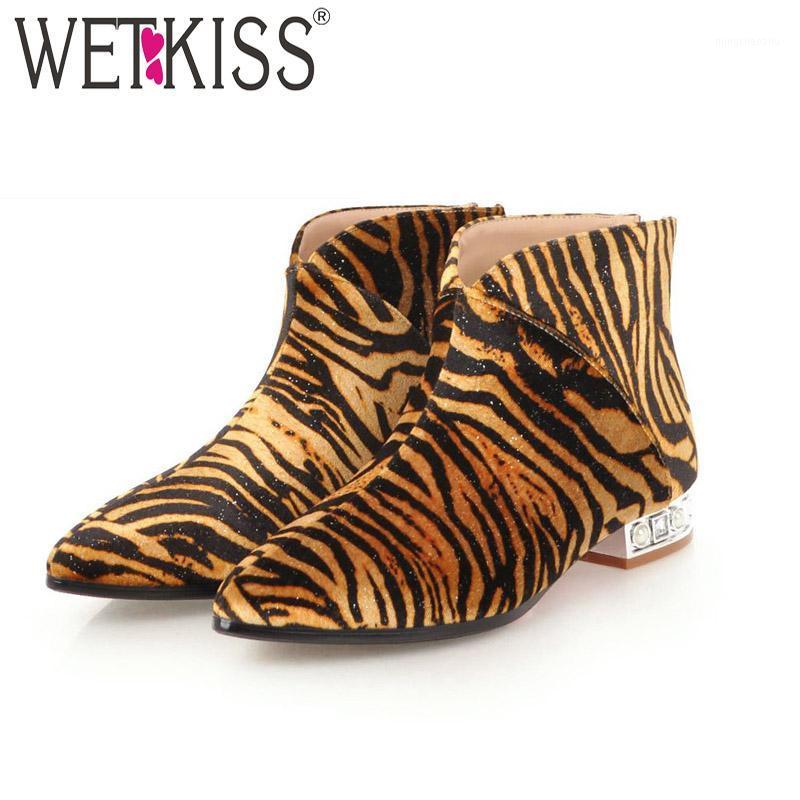 

WETKISS Leopard Winter Ankle Women Boot Pointed Toe Short Plush Footwear Pearl Female Boots Low Heels Shoes Women 2020 Black1, Black