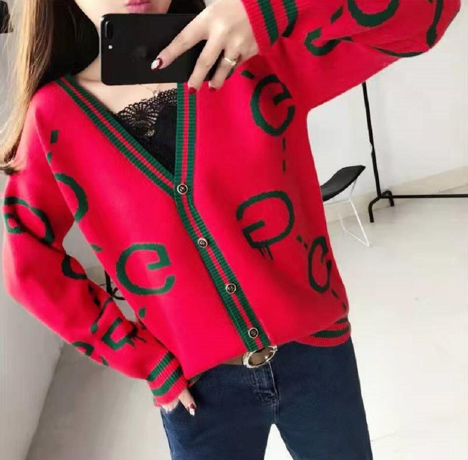 

2022NEW Knitted cardigan Women sweater high quality double G letter tees jacquard temperament V-neck thin knit jacket, Red