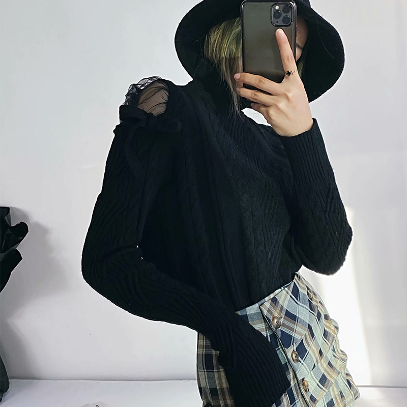 

2021 New Women Oversized Sweater Turtleneck Lace Pullovers Autumn Winter Long Sleeve Jumpers Solid Color Xnpz, Black