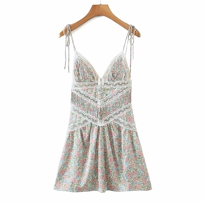 

YENKYE Sexy Lace Patchwork Floral Print Sling Dress Women Backless V Neck A-line Summer Beach Female Holiday Short Robe 220210, Blue