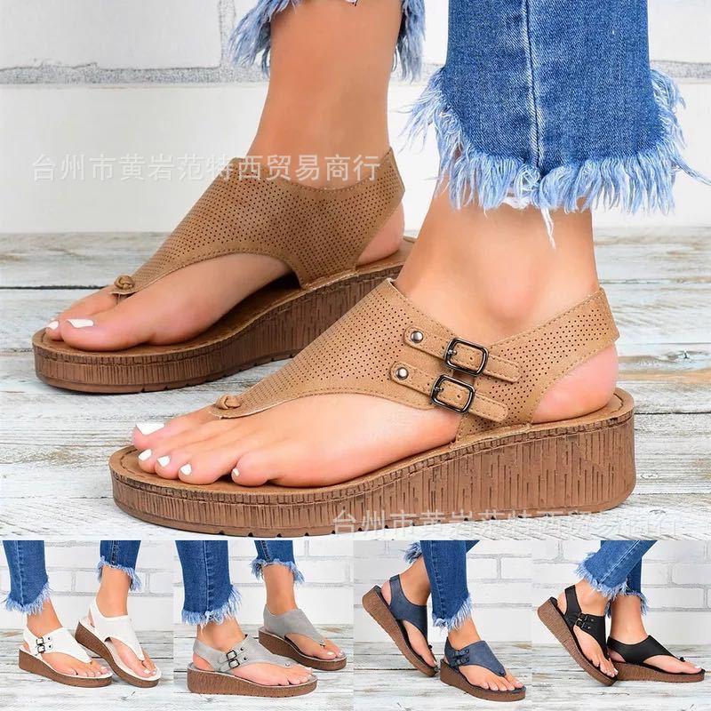

2020 New Large Size Sandalias Mujer 2020 Thick Bottom Wedge Belt Buckle Hollow Clip Toe Sandals Buckle Women's Shoes1, White