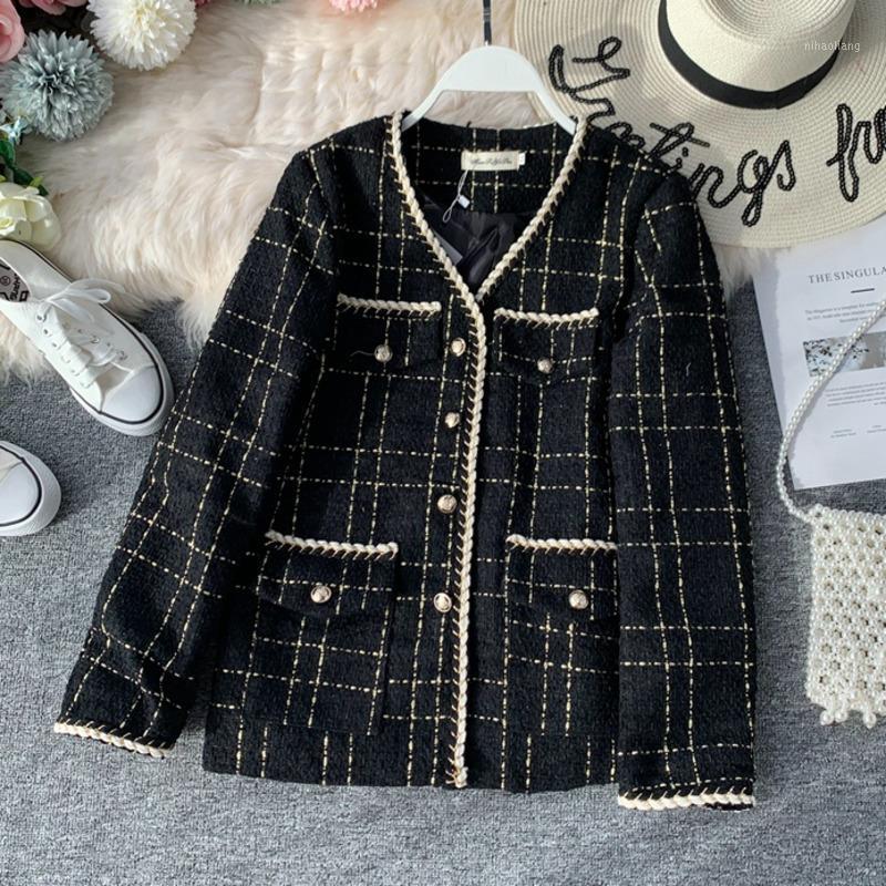 

Autumn Winter Tweed Coat 2020 Korean Fashion Small Fragrance Woolen Outwear Vintage Plaid Woolen Jacket Women Chaqueta Mujer1, Black