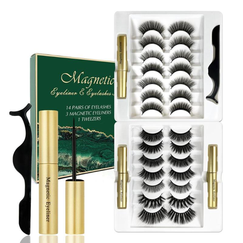 

False Eyelashes 14Pairs Eye Lashes Magnetic And Eyeliner Set Magnet Extension Liquid & Tweezer Waterproof