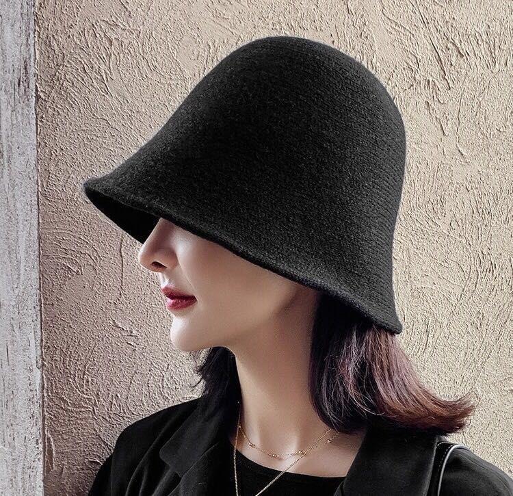 

Fashion Ins Black Woolen Cloth Bucket Hat Women Autumn Winter Korean Style All Match Solid Color1