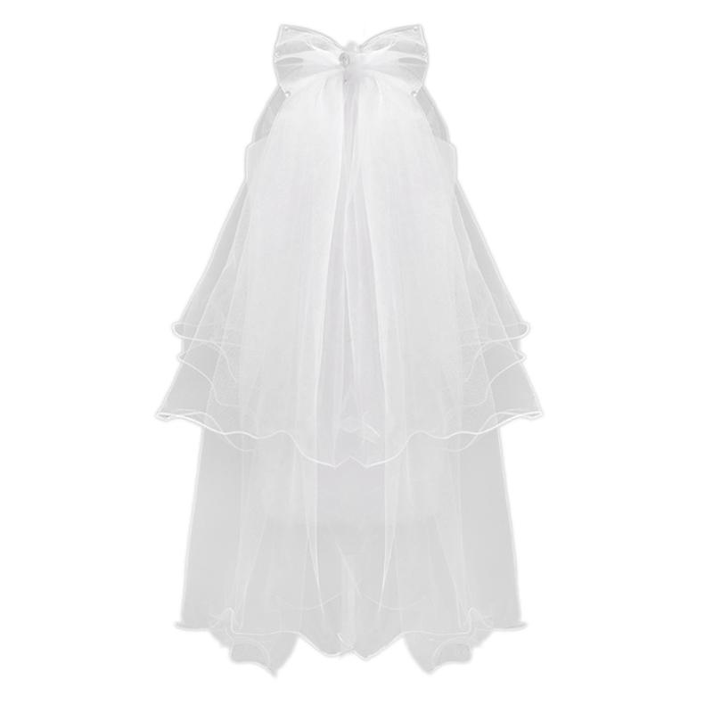 

Women Wedding Veil Dress White Bowknot Layers Tulle Ribbon Edge Bridal Veils