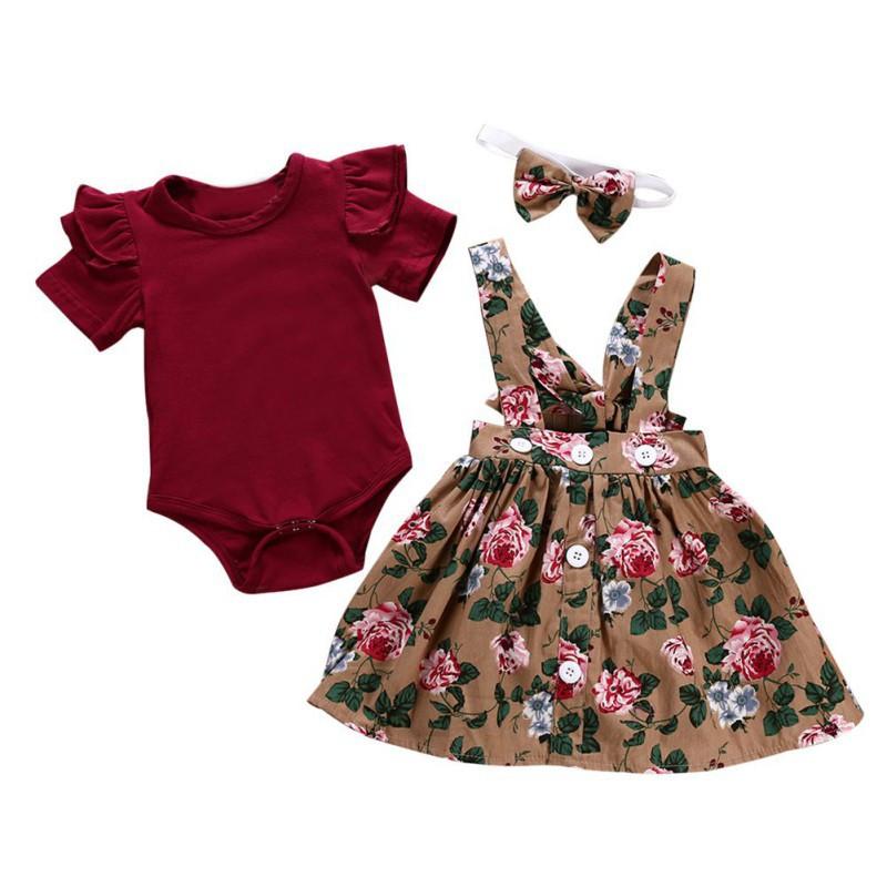 

Summer Baby girl Clothes Short Sleeve O-Neck Romper + Print Dress +Print Bow Headband baby girl clothes set kiz bebek giyim, As pic
