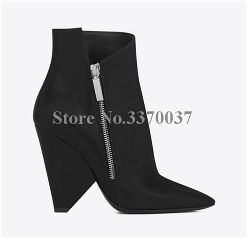 

High Quality Women Fashion Pointed Toe Black Suede Leather Spike Heel Ankle Boots Zipper-up High Heel Short Boots Strange, As pic