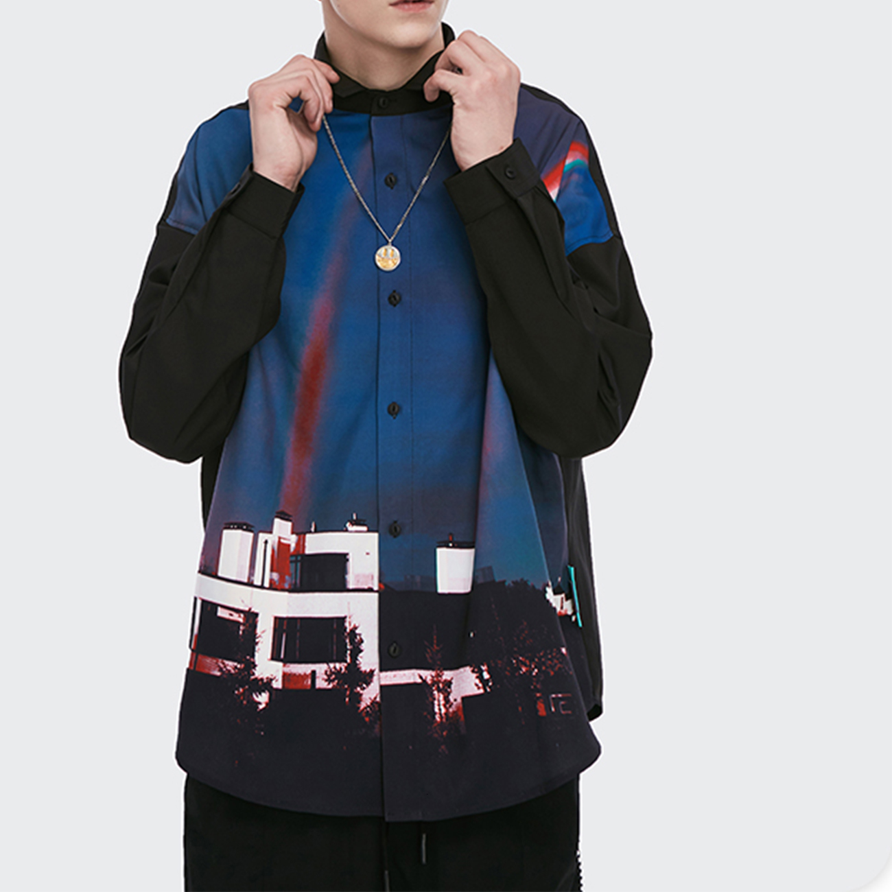 

2021 New Hip Hop Streetwerar Long Sleeve Autumn 3d Night View Print Harajuku Beach Shirt Mens Color Block Cotton Loose Shirts Tops Ximh, Black