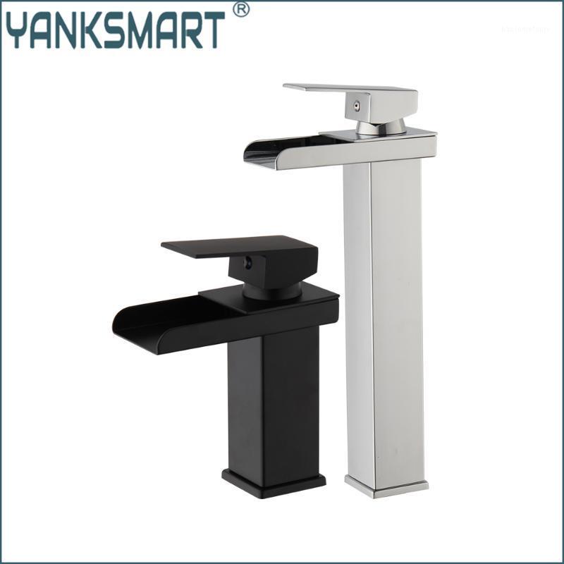 

YANKSMART Chrome Polished Bathroom Faucet Waterfall Spout Basin Sink Deck Mount Single Handle Black Faucet Hot & Cold Water Tap1