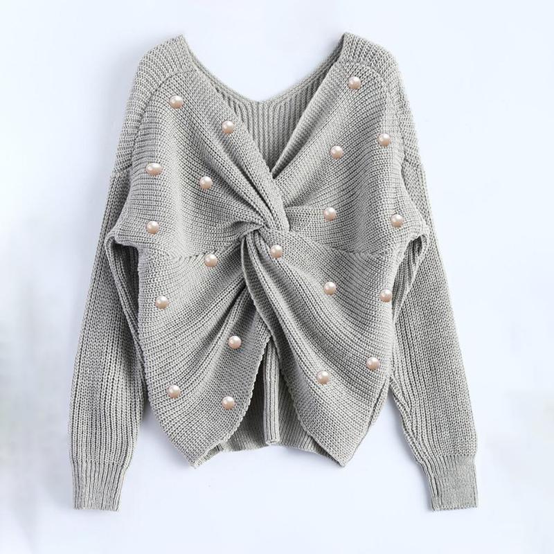 

Sexy deep in loose-necked woman's nightgown long-sleeve with irregular plastic pearl with no back mesh female sweaters, Gray
