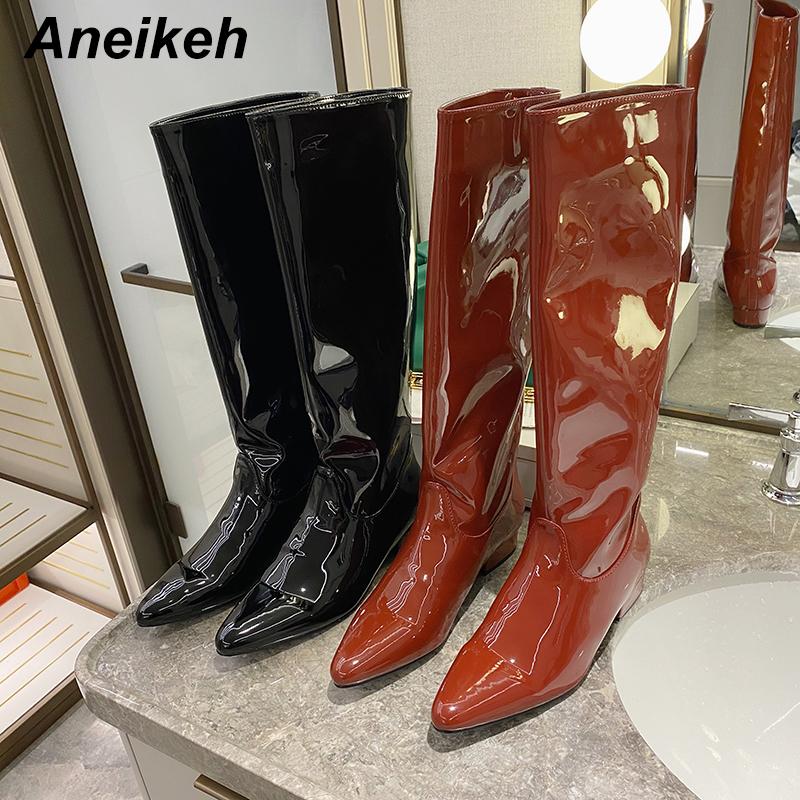 

Aneikeh 2020 NEW Spring/Autumn Fashion Leisure Casual Ladies Shoes Sewing Pleated Slip-On Women's Knee-High Square Heel Boots, Black