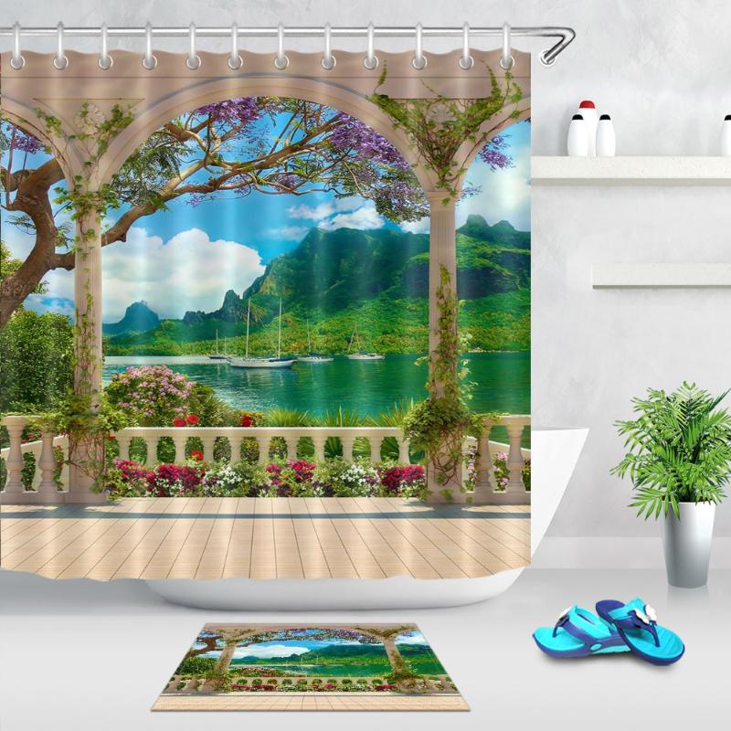 

LB Terrace with Balustrade Overlooking the Sea Yachts Mountains Shower Curtain Waterproof Bathroom Fabric For Art Bathtub Decor