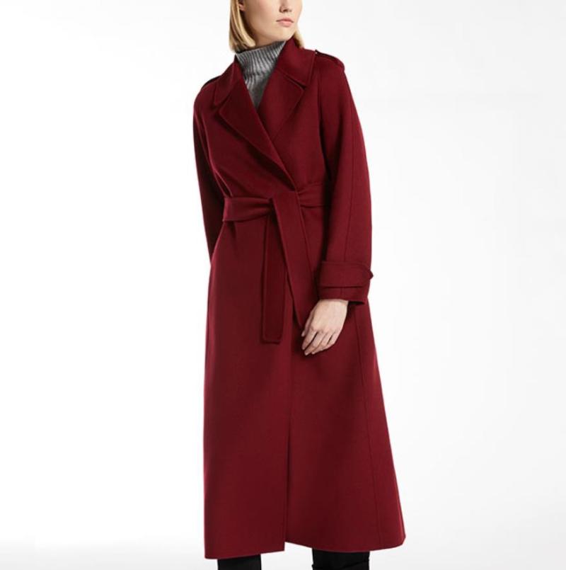 

2020 fashion cashmere coat autumn winter women vintage slim long split wool coat designer with Belt pocket luxury, Wine