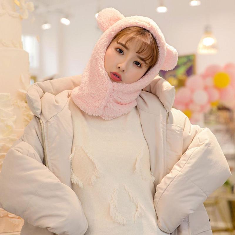 

Windproof neck scarf cap Head Cover Headscarf Ins Women winter cute bear ears warm hat student women plus cashmere cap, White
