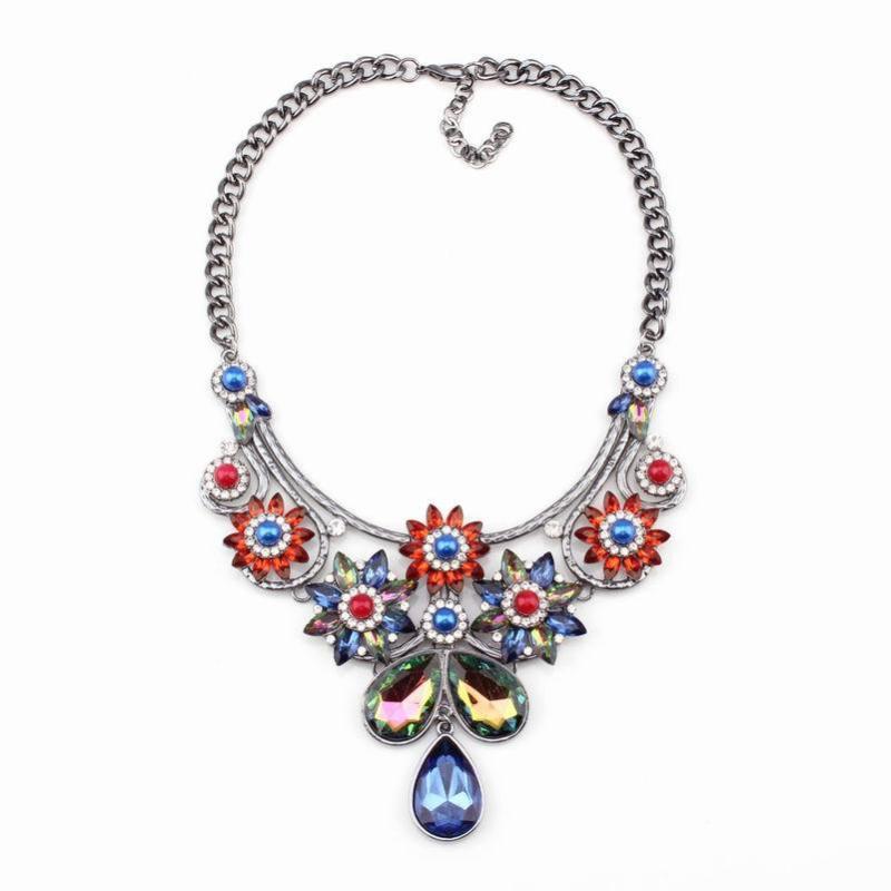 

2020 New Arrival Design Fashion Brand Black Chain Crystal Necklace Pendant Chunky Statement Colorful Flower Necklace for Women