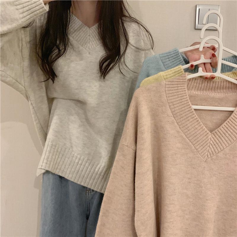 

Large size women' autumn and winter lazy wind v-neck pullover sweater women' loose sweater fat mm slim coat, Pink