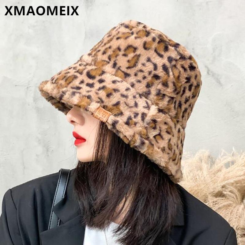 

XMAOMEIX New Winter Women's Warm Plus Cashmere Thicken Fluff Bucket Hats Elegant Ladies Leopard Hat Thermal Student Hip Hop Hat, Color-5