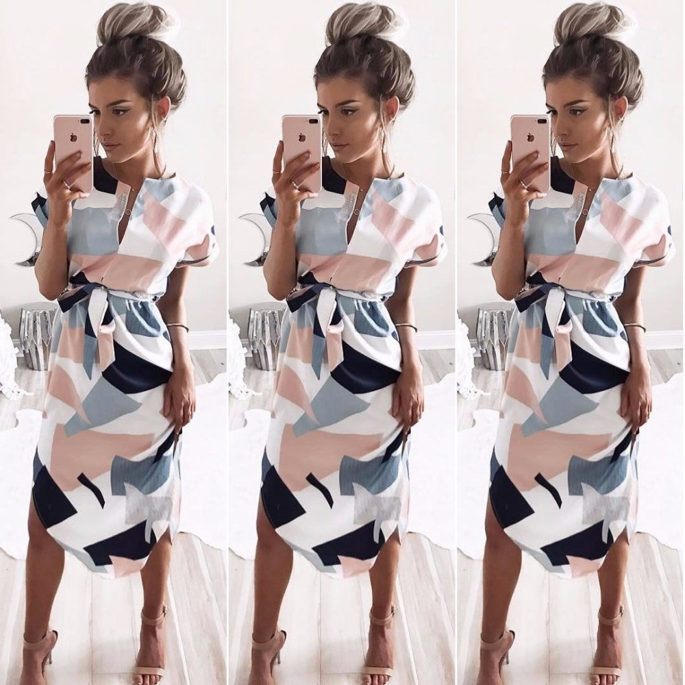 

2021 New Summer Fashion Sexy V-collar Diamond Printing with Belt Casual Women Robe Elegant Plus Size Long L3is, Blue