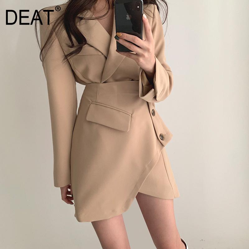 

DEAT] Women Two Pieces Temperament Side Button Dress New Lapel Neck Long Sleeve Loose Fit Fashion Spring Summer 2020 13S118, Beige