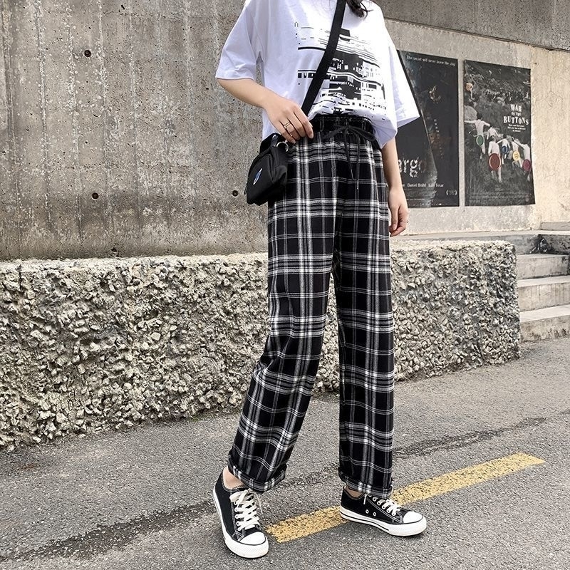 

HOUZHOU Korean Style Wide Leg Pants Women Thin Summer Plaid Pants Plus Size Women Trousers Oversized Checkered Pants High Waist 201109, Thick