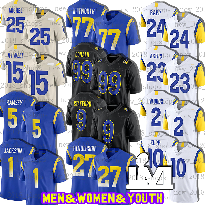 

99 Aaron Donald Los''Angeles''Rams''Mens Cooper Kupp Cam Akers Matthew Stafford Jalen Ramsey Odell Beckham Johnny Hekker Sony Michel Taylor Fuller, Custom men jersey+patch(g y)