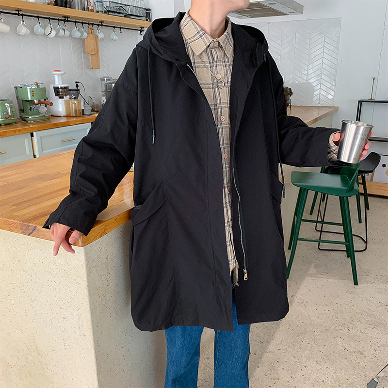 

Spring Autumn New Guy Mid-length Fashionable with Hood Men's Jacket 36r4, Gray green.