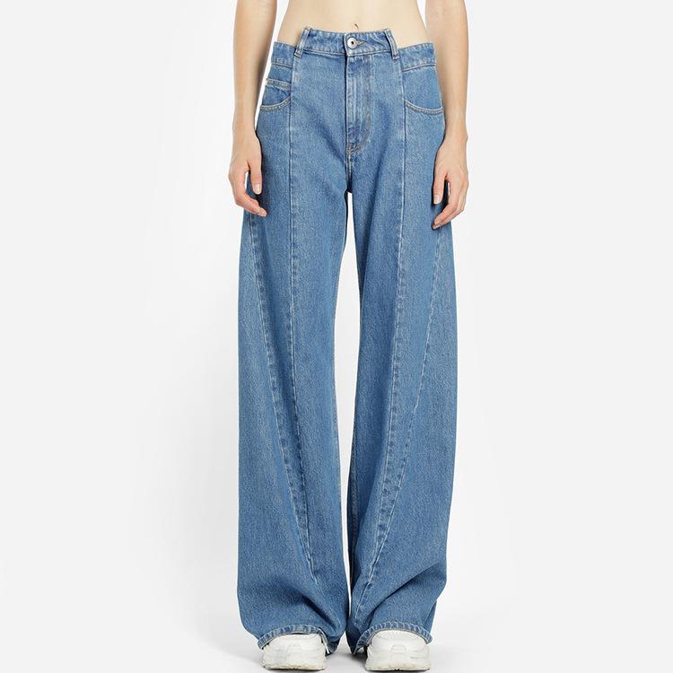 

Women Clothes High Waist Slimming Solid Color High Hip Waist Stitching Blue Denim Wide Leg Pants Female Women Pants