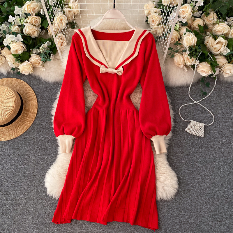 

2021 New singer-style college women's mesh candy bow-neck lantern-o-line chic fall dress in pleated nightgown GH1G, Red
