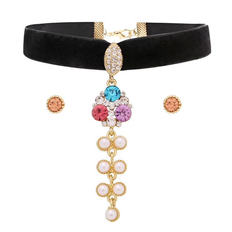 

Earrings & Necklace Chic Style Jewelry Set Black Velvet Elastic Choker Multicolor Crystal Simulated Pearl Pendant Women Rhinestone Stud, As pic