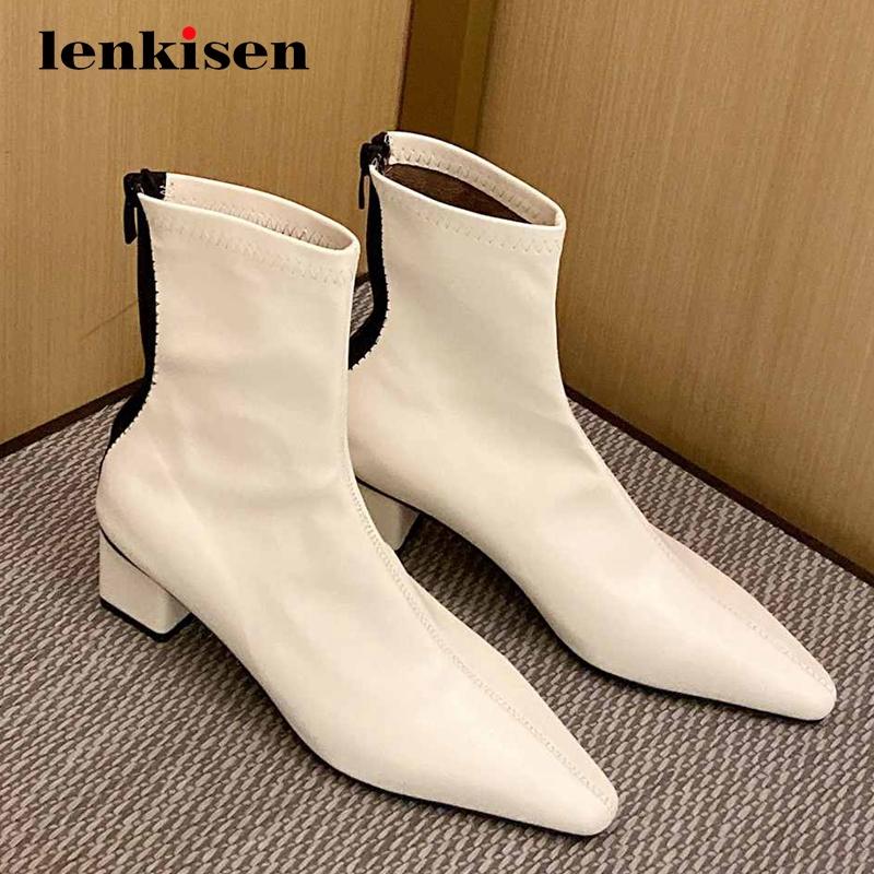 

Lenkisen work boots stretch mixed colors high quality small square toe thick med heel zipper office lady mature ankle boots L26, Black
