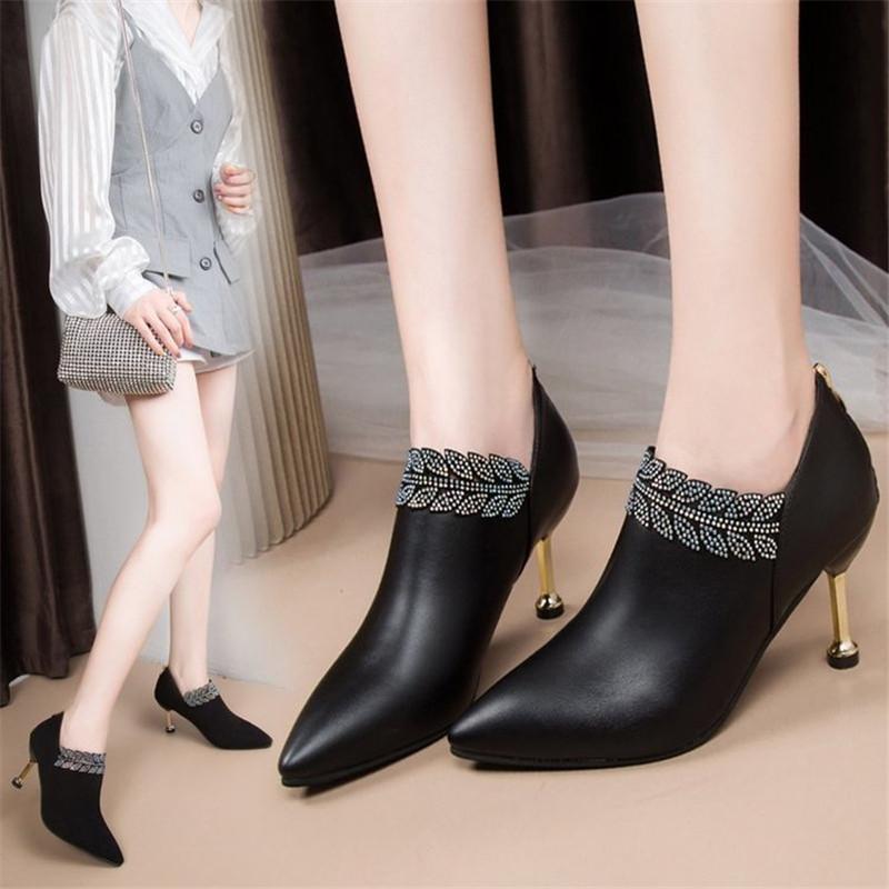 

2020 New Women's Boots Winter Rhinestone Leather Women Shoes High Thick Heel Boots Motorcycle Zapatos De Mujer, Black