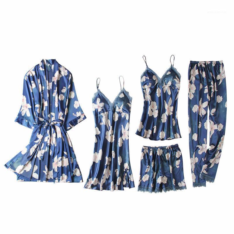 

Lady 5PCS Sleepwear Nightwear Daily Casual Home Lounge Brand New Sexy Comfortable Loose Elegant Femme Peignoir1, Blue 2pcs