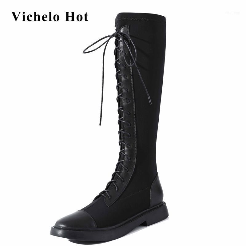 

Vichelo Hot motorcycle boots natural leather high quality round toe thick med heel lace up soft young girls knee-high boots L091, Black