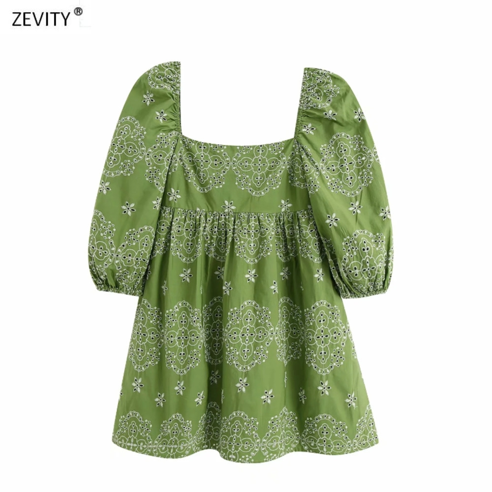 

Zevity New women vintage square collar hollow out embroidery pleats mini dress female casual vestidos chic party dresses DS3994 J1215, Black;gray
