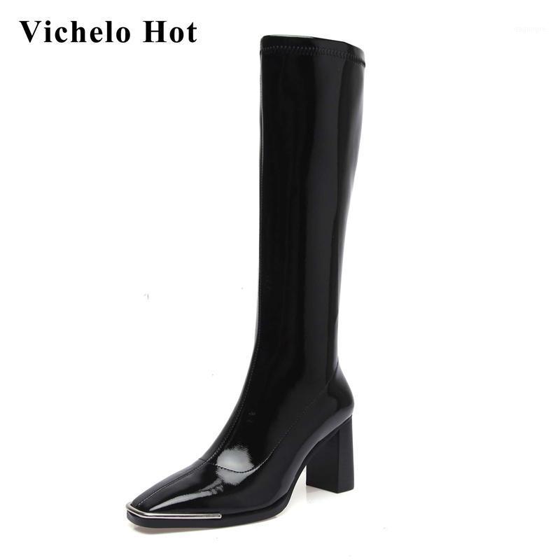 

Vichelo Hot big size riding boots microfiber european style square toe thick high heel zipper dating mature knee-high boots L181, Black 2 short