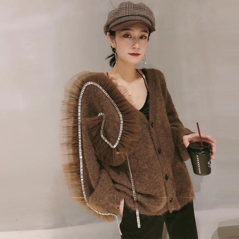 

Women's Sweater Yarn Beaded Cardigan Sweater New Fashion 2020 Autumn Heavy Industry Fight Net, Gray