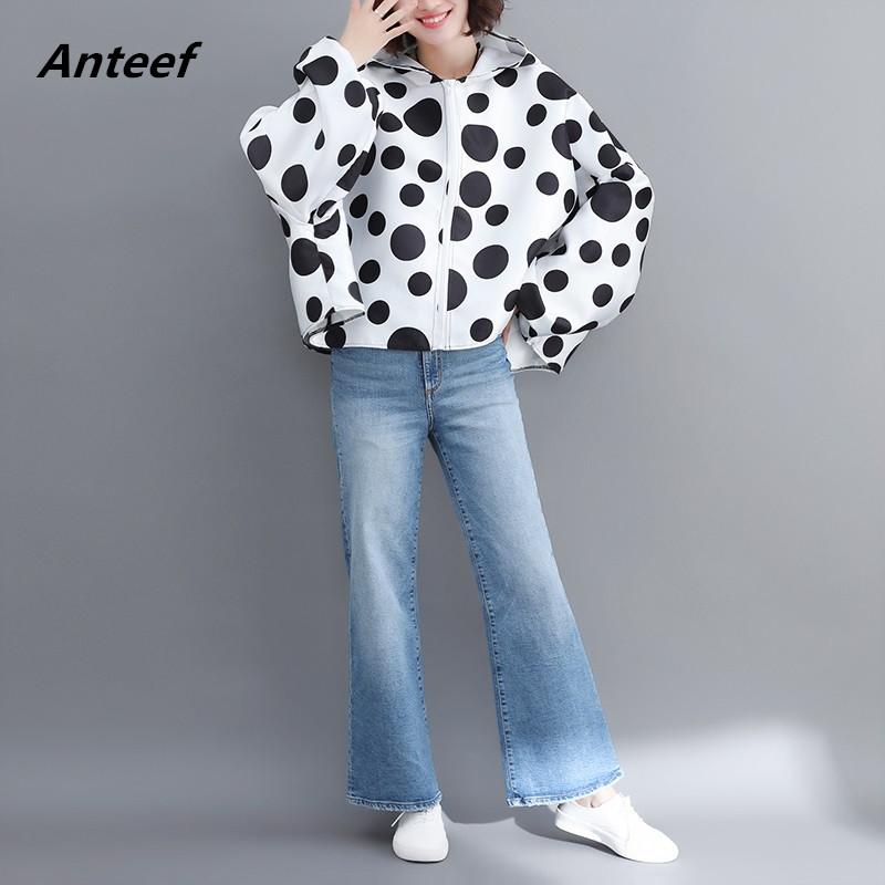 

satin plus size vintage Polka Dot hoodie casual Loose Oversized spring Autumn Coat Women Jacket Zipper Clothes 2020 Cardigan, Black