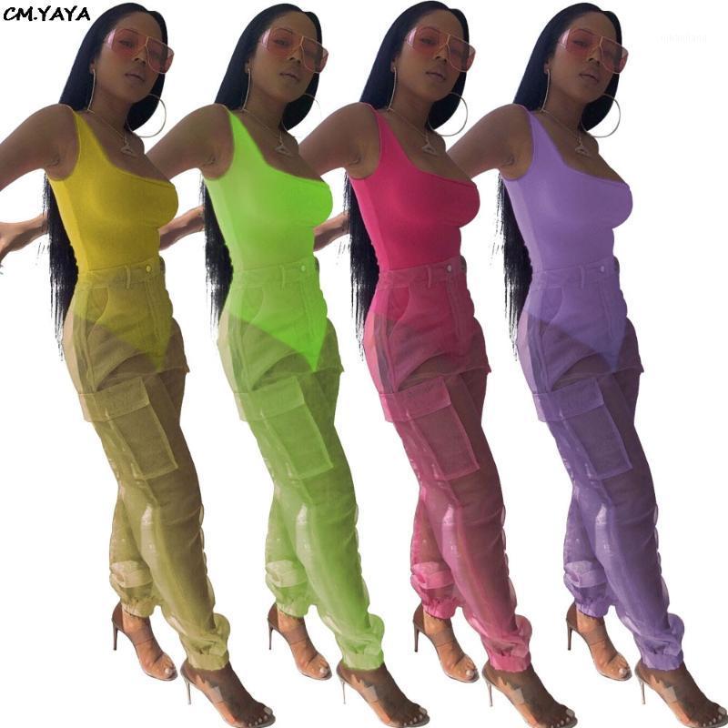 

2020 new women summer tank skinny bodysuit organza safari see though pants suti two piece set beach sporting tracksuit GLWY65871, Green