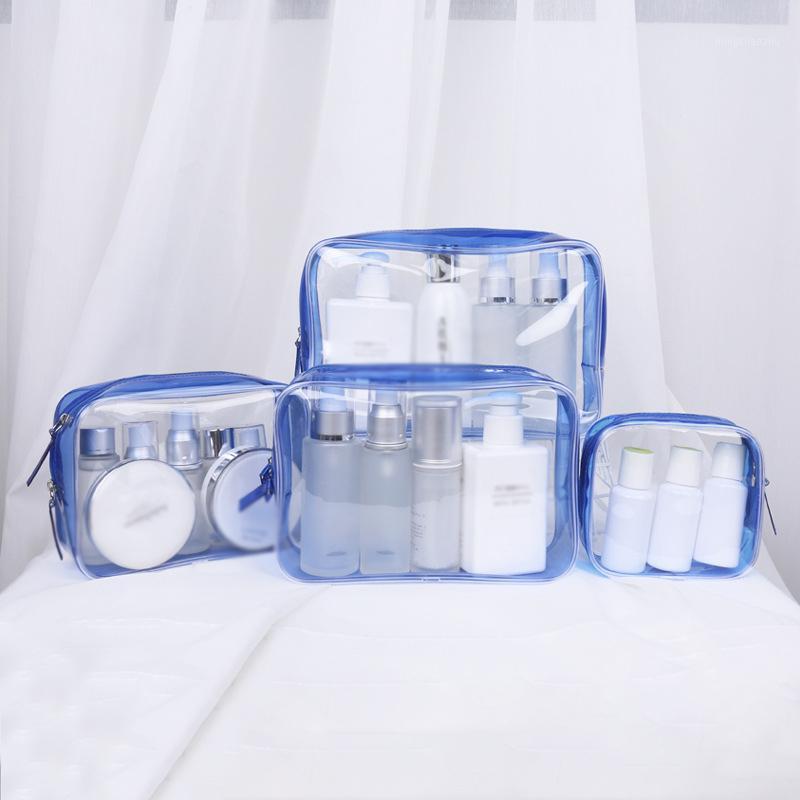 

4PCS Clear Makeup Bag Set Organizer PVC Cosmetic Bag Neceser Transparent Beauty Storage Toiletry Travel Make Up Pouch Brown1, 4 pcs-blue