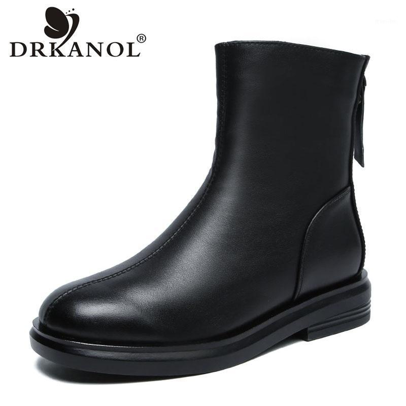 

DRKANOL Fashion Black Women Genuine Leather Boots Autumn Winter Flats Heel Mid Calf Boots Back Zipper Casual Women Warm Shoes1, Short plush inside