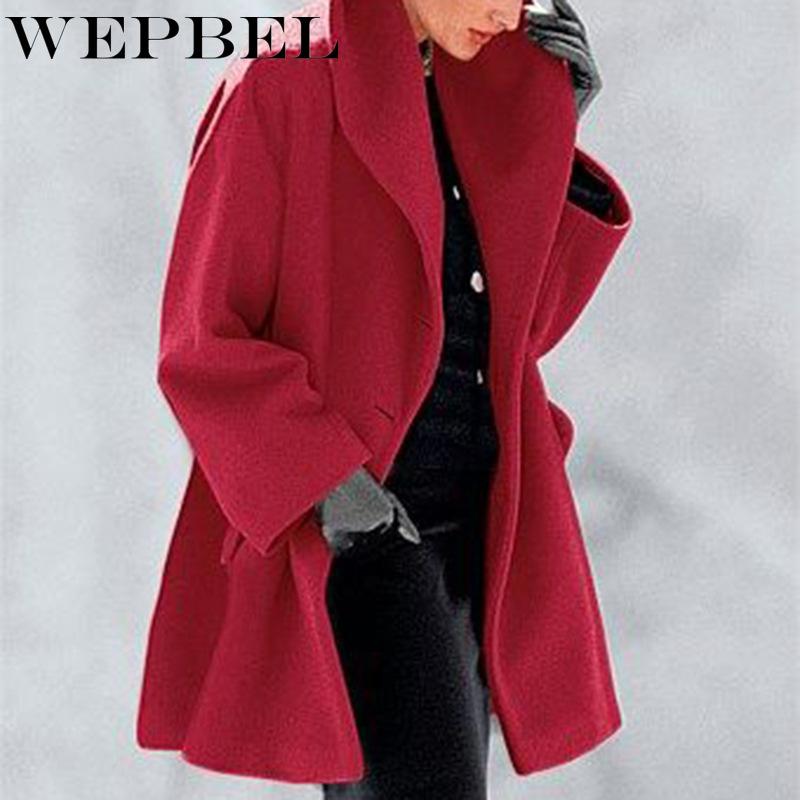 

WEPBEL Women' Long-Sleeved Single-Breasted Turn-down Collar Woolen Coat Autumn Winter Fashion Solid Color Loose Woolen Coat, Black