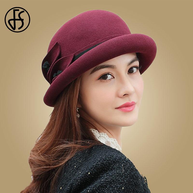 

FS Winter Women Fedora Hat 2020 Wide Brim Wool Felt Bowler Hats Chapeau Femme Feutre Cloche Ladies Black Khaki Caps