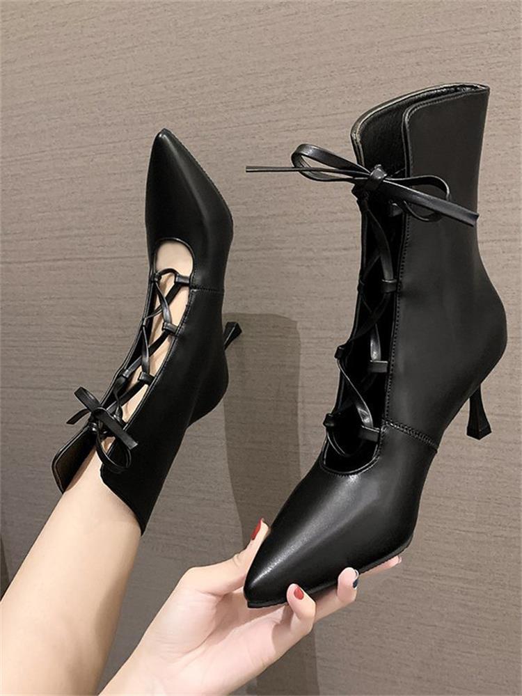 

High heel boots women's 2020 spring and autumn new pointed toe short boots Korean style wild fashion lace-up, Beige